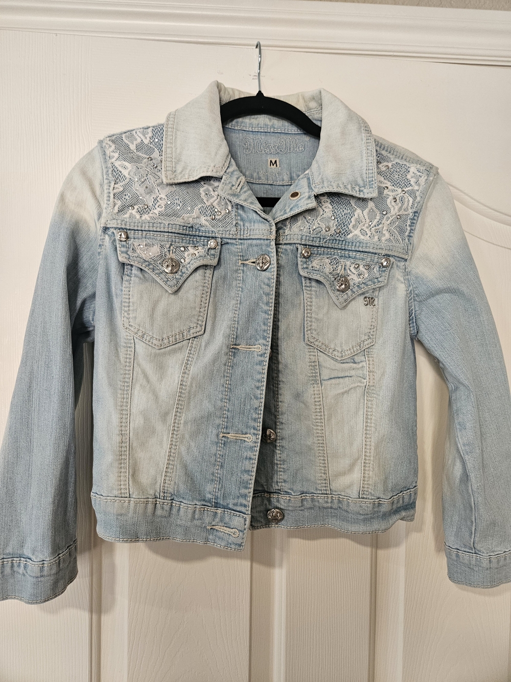 Miss Me Light Blue Denim Jacket with Lace & Rhinestones. Smoke Pet Free Home